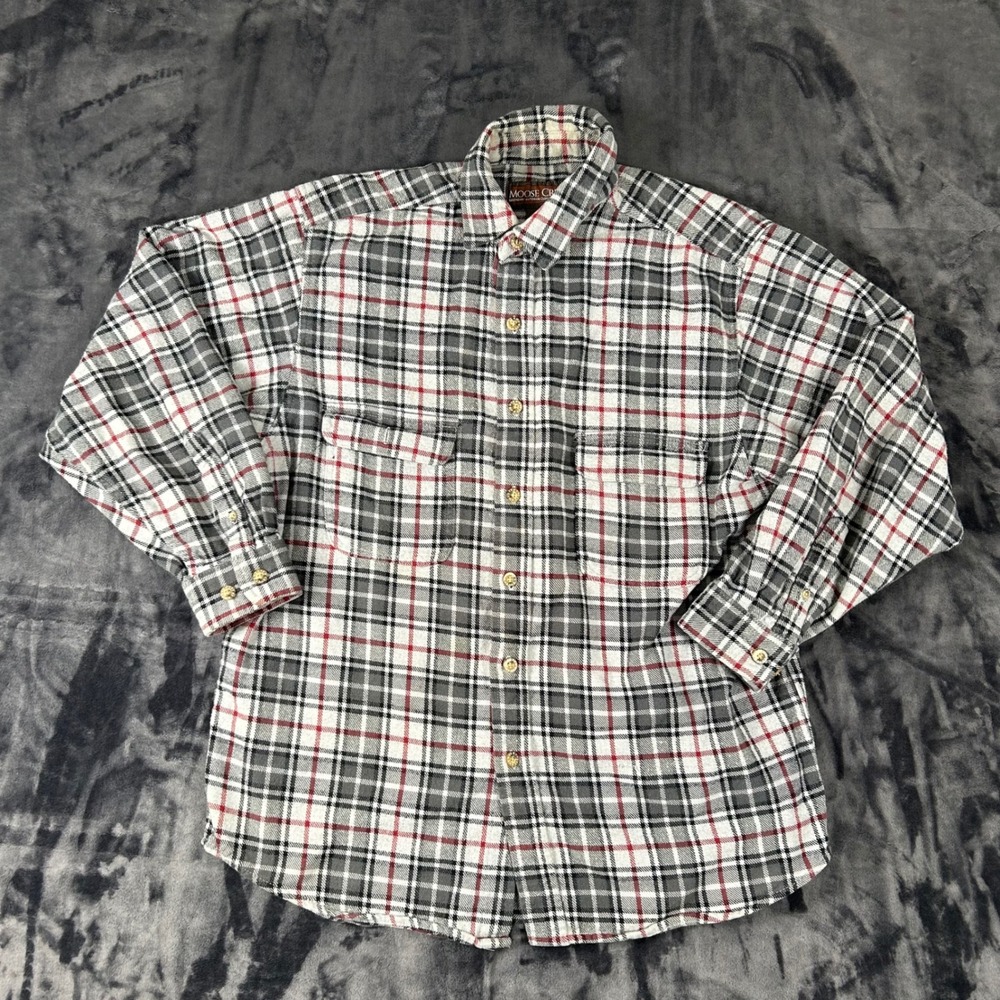 Moose Creek Flannel Shirt Mens L Grey Plaid Long Sleeve Heavy Cotton Button Down